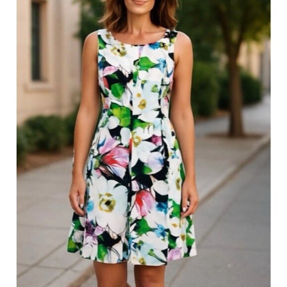 American Living Ralph Lauren Dress 16 Blue Ivory Floral A Line Stretch Washable - Picture 1 of 11